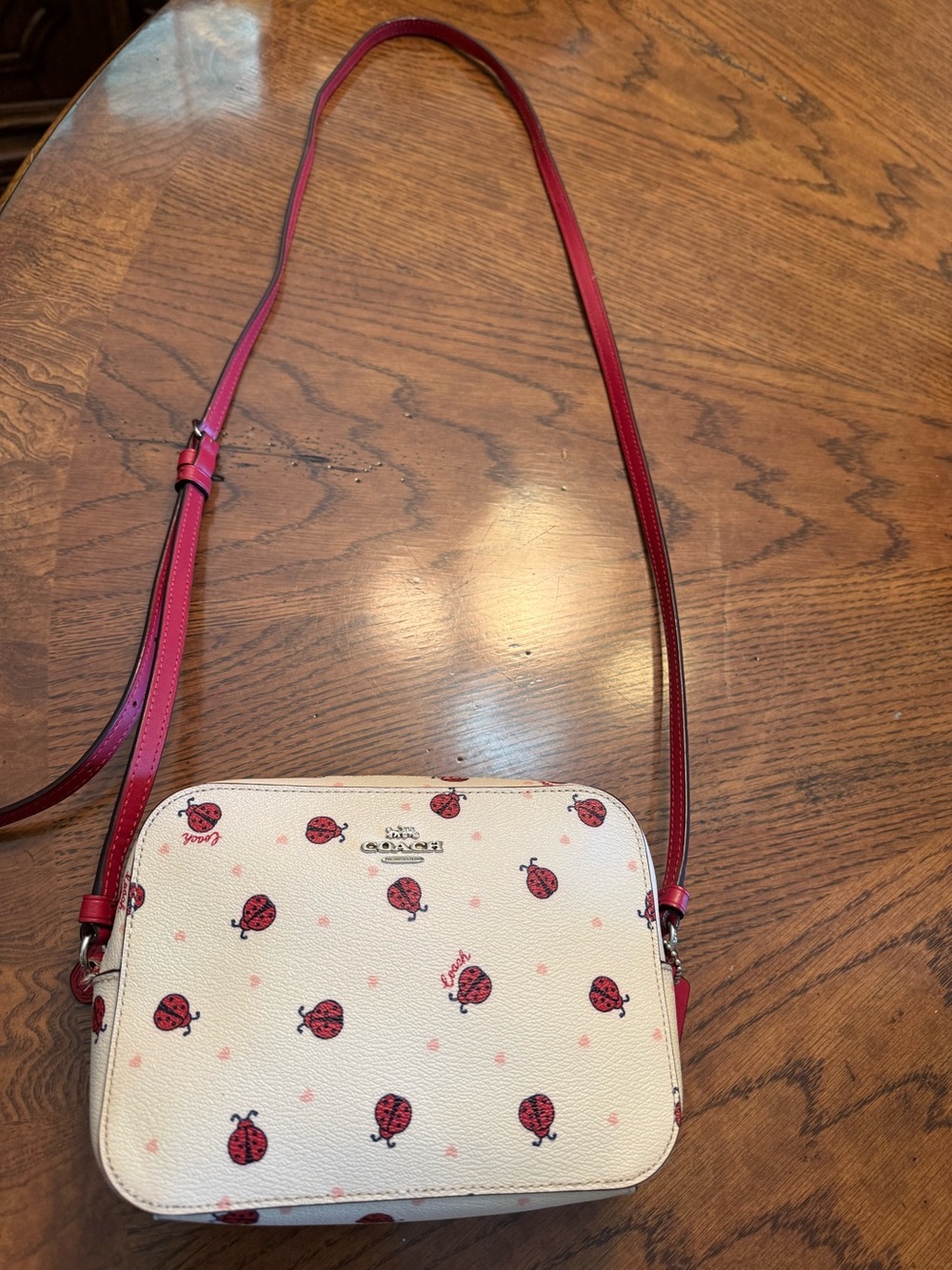 Coach Mini Camera Bag White/Chalk  Crossbody with Red Ladybugs 🐞💕